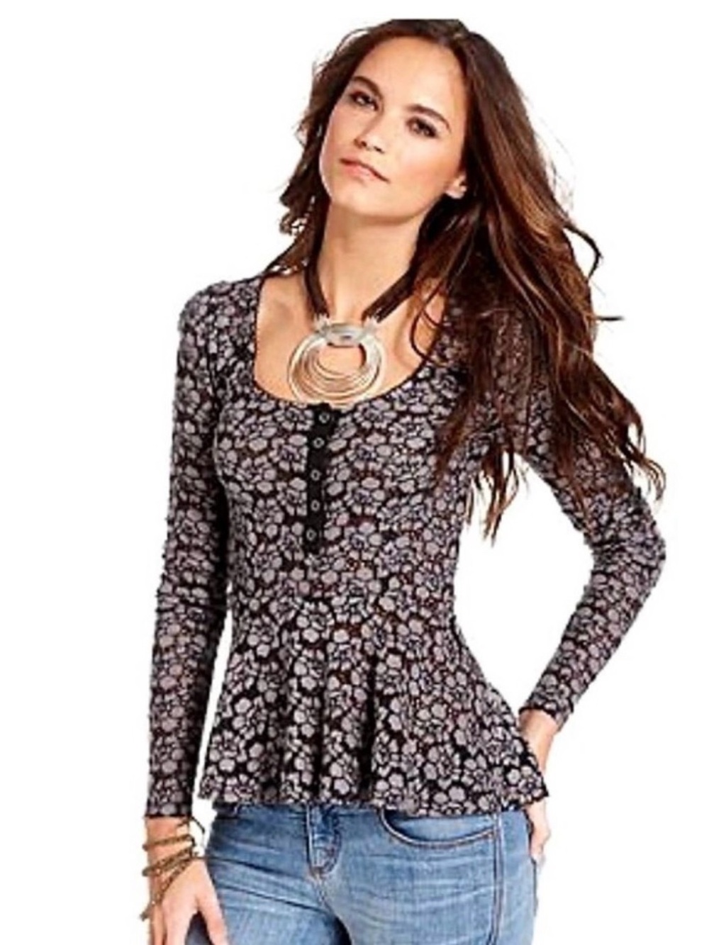 Free people “burnt out”Floral Button-Front Long Sleeve Peplum Top - Black